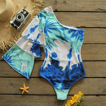 Load image into Gallery viewer, 2021One Shoulder Swimwear Long Sleeve One Piece Swimsuit Tie dye Blue Print Women Beachwear  Multi-layer Flared Sleeves Monokini