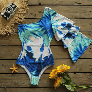 2021One Shoulder Swimwear Long Sleeve One Piece Swimsuit Tie dye Blue Print Women Beachwear  Multi-layer Flared Sleeves Monokini