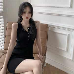 2021new Hong Kong Style Design Sexy Hot Girl Wear Tight Body Hip Spaghetti Straps Knitted Vest Dress for Women Summer