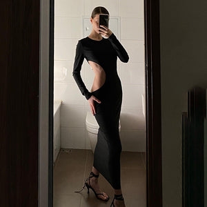 2022 Autumn Designer Clothes Black Long Sleeves Hollow Out Casual Evening Party Sexy Women&#39;S Prom One Piece Basic Maxi Dresses