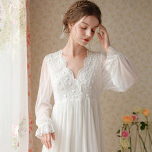 Load image into Gallery viewer, 2022 Autumn New Night Dress Women Palace Style Mesh Lace Sleepwear Sexy V-neck Nightgown French Long Sleeve Female Home Dresses