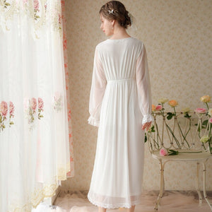 2022 Autumn New Night Dress Women Palace Style Mesh Lace Sleepwear Sexy V-neck Nightgown French Long Sleeve Female Home Dresses
