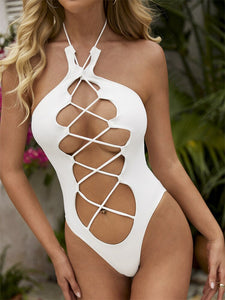new Beachwear Lace-up Plunge Hollow Halter One Piece Swimsuit Lingerie Bodysuit Women Leotard Bandage Clothes Summer Sexy Bodys