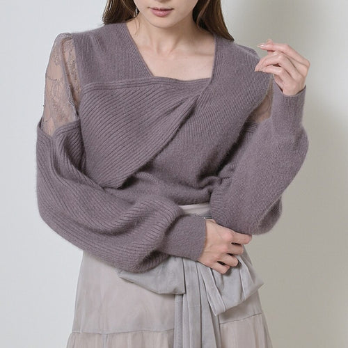 2022 Chic Criss-cross Collar Designed Sweater Women Fashion Off-the Shoulder Pullover Spring Patchwork Lace Jumper Elegant