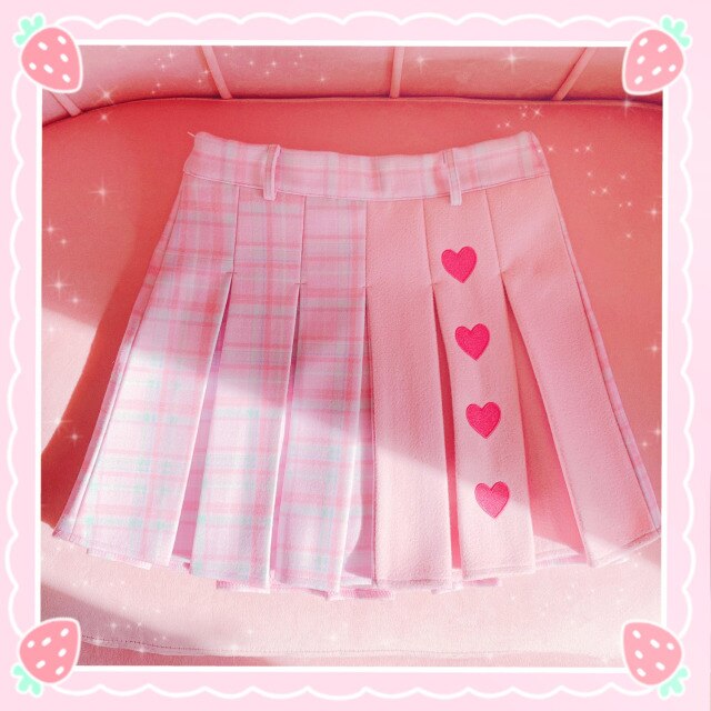 2022 Cosplay Plaid Mini Skirt Women Schoolgirl Lolita High Waist Heart Cute Pleated Short Skirts Pink Spring Kawaii Clothes