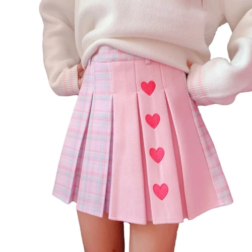 2022 Cosplay Plaid Mini Skirt Women Schoolgirl Lolita High Waist Heart Cute Pleated Short Skirts Pink Spring Kawaii Clothes