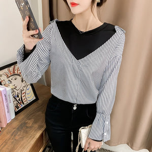 2022 Designed Chic Tops Long Sleeve Vintage Striped Shirts Fall Femme O-neck Fashion Fake Two Piece Spring Blouses Women