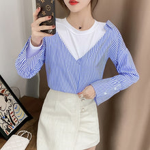 Load image into Gallery viewer, 2022 Designed Chic Tops Long Sleeve Vintage Striped Shirts Fall Femme O-neck Fashion Fake Two Piece Spring Blouses Women