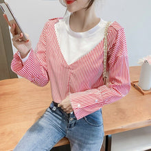 Load image into Gallery viewer, 2022 Designed Chic Tops Long Sleeve Vintage Striped Shirts Fall Femme O-neck Fashion Fake Two Piece Spring Blouses Women