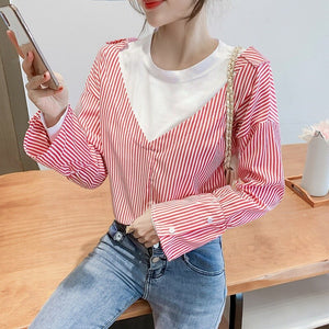 2022 Designed Chic Tops Long Sleeve Vintage Striped Shirts Fall Femme O-neck Fashion Fake Two Piece Spring Blouses Women