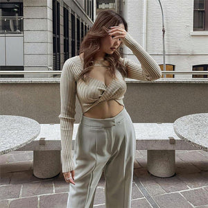 2022 Fashion Casual Pant Sets Hollow Out Ribbed Knit 2 Piece  Long Sleeve Women&#39;s Set Fall Outfits Matching Set Flare