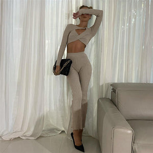 2022 Fashion Casual Pant Sets Hollow Out Ribbed Knit 2 Piece  Long Sleeve Women&#39;s Set Fall Outfits Matching Set Flare