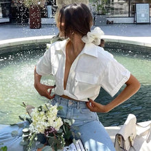 Load image into Gallery viewer, 2022 Fashion Cropped Shirt Women Wide Short Sleeves V-neck Blouse Female Chic Lady Summer Linen texture Elastic Crop Top