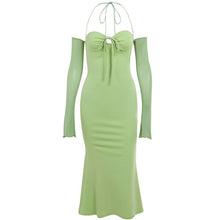 Load image into Gallery viewer, 2022 Fashion Green Flare Sleeve Sexy Halter Cut Out Ruched Dress Outfits Women Party Club Summer Mide Dresses Bodycon Clothes