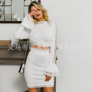 2022 Fashion New Spring and Autumn Women&#39;s Skirt Two-piece Set White Lace Flared Sleeve Top and Short Skirt Suit Female Casual