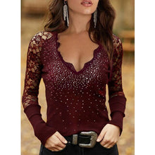 Load image into Gallery viewer, 2022 Fashion Spring Autumn New Long Sleeve Pullover Slim Fit V-neck Lace Hot Drill Bottomed Shirt Blusas