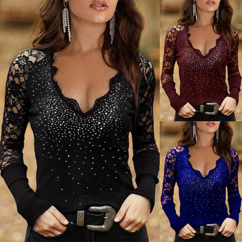 2022 Fashion Spring Autumn New Long Sleeve Pullover Slim Fit V-neck Lace Hot Drill Bottomed Shirt Blusas