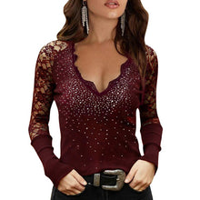 Load image into Gallery viewer, 2022 Fashion Spring Autumn New Long Sleeve Pullover Slim Fit V-neck Lace Hot Drill Bottomed Shirt Blusas