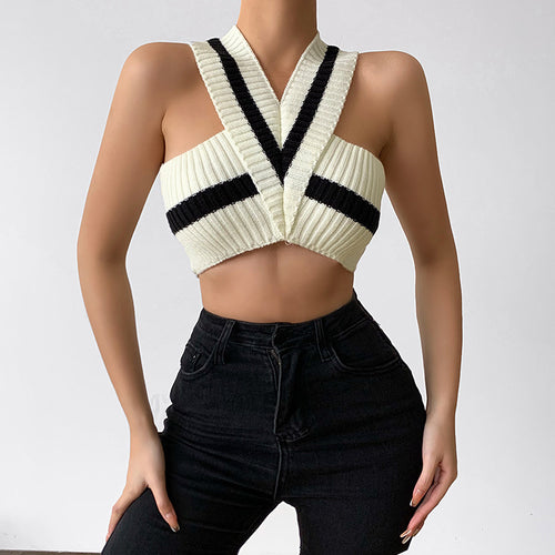 2022 For Summer Sexy Backless Bottoming Cross Halter Knit Corset Top Tank Tops Cropped Casual Party Women's Clothing Tshirt Tees