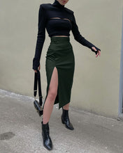 Load image into Gallery viewer, 2022 French Fashion Sexy High Waist Green PU Slit Midi Skirt for Women Streetwear Summer Short Skirts Slim Casual Locomotive Hot