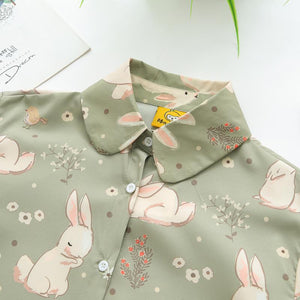 2022 Girl Style Kawaii Rabbit Tops Women Single Breasted Sweet Vintage Green Blouses Japanese Loose Printed Cute Shirts Spring