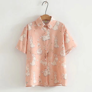 2022 Girl Style Kawaii Rabbit Tops Women Single Breasted Sweet Vintage Green Blouses Japanese Loose Printed Cute Shirts Spring