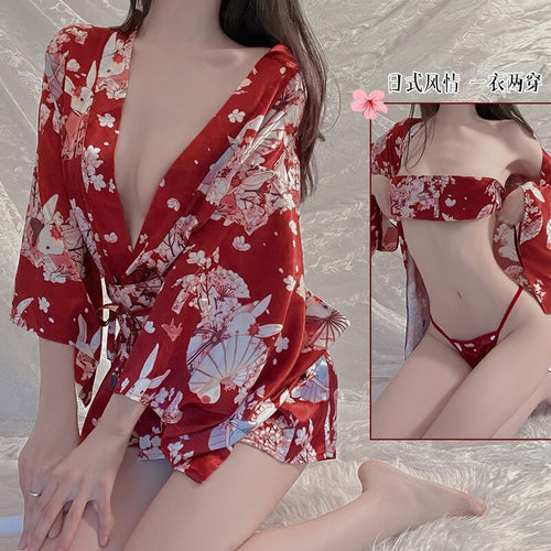 2022 Japanese Kawaii Kimono Uniform Sexy Lingerie For Women 3pcs Set Erotic Cosplay Temptation Costumes Robe Bathrobe Pajamas
