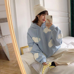 2022 Korean Sweatshirt Women Winter Fashion Clouds Pullover Women Plus Velvet Warm Anime Hoodies Tops Casual Hoodies Female
