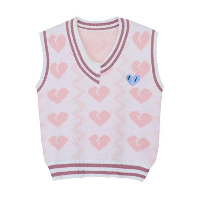 2022 Loose Heart Sweet Knitted Vests Women Simple V-neck Preppy Style Waistcoats Femme New Japan Style Kawaii Clothes Spring
