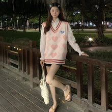 Load image into Gallery viewer, 2022 Loose Heart Sweet Knitted Vests Women Simple V-neck Preppy Style Waistcoats Femme New Japan Style Kawaii Clothes Spring