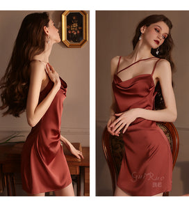 2022 Luxury Nightdress Women&#39;s Sexy Lingerie Satin Smooth V-neck Simple Slip Dress Femme Night gown Summer Thin Sling Sleepwear
