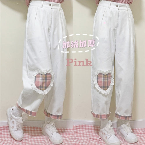 2022 New Cute Heart Corduroy Pants Kawaii Spring Japanese Mori Girl Straight Trousers White Casual Loose Fleece Pantalones