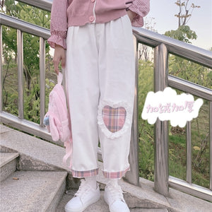 2022 New Cute Heart Corduroy Pants Kawaii Spring Japanese Mori Girl Straight Trousers White Casual Loose Fleece Pantalones