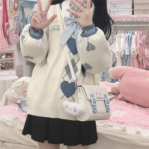 2022 New Fresh Print Heart Sweater Women V-neck Long Sleeve Cartoon Cute Jumper Japanese All Match Soft Kawaii Pullover Femme