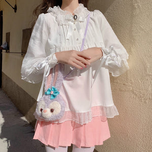 2022 New Fresh Sweet Lolita Blouses Mori Girls Japanese Stand Collar Vintage Tops Long Sleeve Spring Bow Kawaii Shirts Women