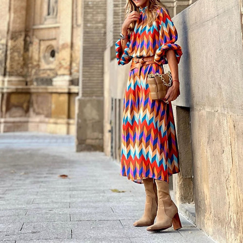 2022 New High Quality Spring High Neck 3/4 Sleeves Vintage Print Long Dress Women Fashion Dresses Bohemian Pattern Vestidos Robe