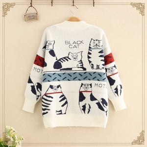 2022 New Single Breasted Kawaii Sweater Cat Cartoon Cute Cardigans Spring Woman V-neck Simple Casual Loose Knitted Tops