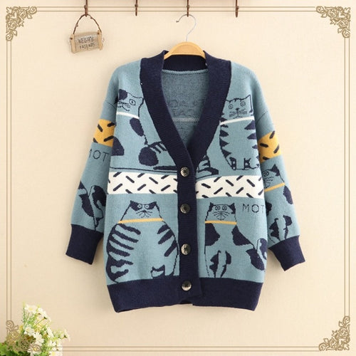 2022 New Single Breasted Kawaii Sweater Cat Cartoon Cute Cardigans Spring Woman V-neck Simple Casual Loose Knitted Tops