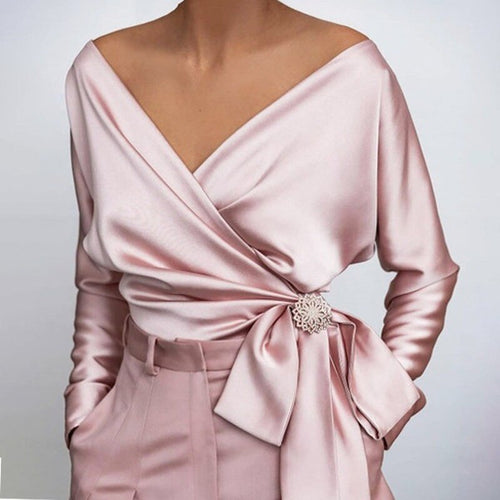 2022 New Spring Autumn Casual Women Satin Blouse Solid Color V-Neck Long Sleeve Waist Lace-up Metal Decoration Office Lady Shirt