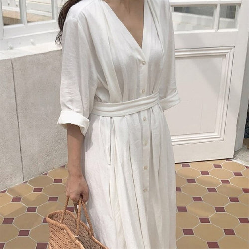 2022 New Spring Autumn Casual Women White Cotton Dresses Solid Color A-LINE V-Neck Mid-Calf Office Lady Elegant Dress One Piece