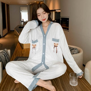 2022 New Spring Long Sleeve Cotton Pajama Sets for Women Korean Cute Cartoon Sleepwear Pyjama Homewear Pijama Mujer Home Clothes