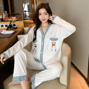 2022 New Spring Long Sleeve Cotton Pajama Sets for Women Korean Cute Cartoon Sleepwear Pyjama Homewear Pijama Mujer Home Clothes