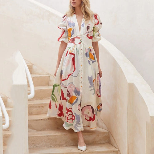 2022 New Spring Summer Casual Women Dresses  V-Neck  A-LINE Puff Sleeve Printing Holiday Lady Dress Elegant Ankle-Length Dresses