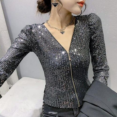 2022 New Spring Women's T-Shirt Fashion Casual Sequined V-neck Long-Sleeved Mesh Tops Elegant Slim Plus Size Women Clothing