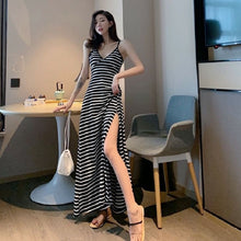 Load image into Gallery viewer, 2022 New Suspender Small Black Dress Women Sexy Gentle V-Neck Backing Retro Long Side Split Black Dress