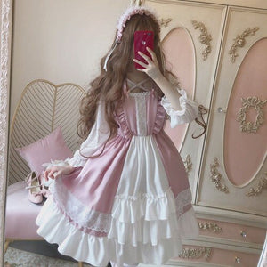 2022 New Sweet Lolita Dress Women Fungus Lace Japanese Cute Kawaii Dresses Long Sleeve Slim Waist Robe Vestidos Mujer