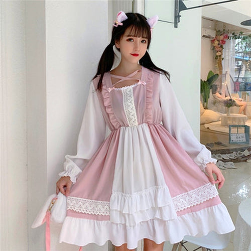 2022 New Sweet Lolita Dress Women Fungus Lace Japanese Cute Kawaii Dresses Long Sleeve Slim Waist Robe Vestidos Mujer