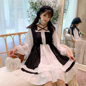 2022 New Sweet Lolita Dress Women Fungus Lace Japanese Cute Kawaii Dresses Long Sleeve Slim Waist Robe Vestidos Mujer