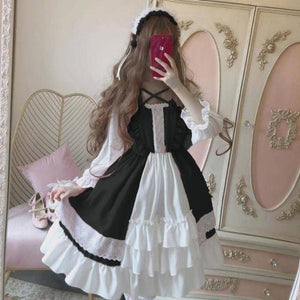 2022 New Sweet Lolita Dress Women Fungus Lace Japanese Cute Kawaii Dresses Long Sleeve Slim Waist Robe Vestidos Mujer