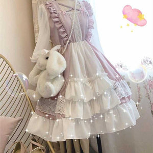 2022 New Sweet Lolita Dress Women Fungus Lace Japanese Cute Kawaii Dresses Long Sleeve Slim Waist Robe Vestidos Mujer